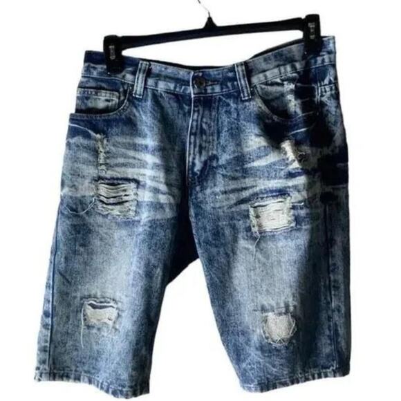 Hype Jean Short Mens Size 32 Acid Wash Distressed Whiskers Urban Hip Hop Pant - Picture 1 of 7